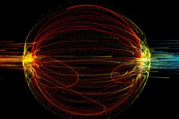 Große Augenform aus roten spiralförmigen Lichtern mit orangefarbenen und blauen Linien, die jeweils von beiden Seiten abgehen.