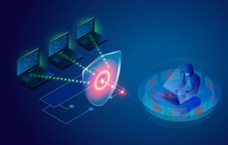 Endpoint Security shield icon in front of a network with a hacker outside