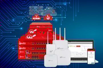 WatchGuard-Hardwareprodukte, Symbole und WatchGuard Cloud-Bildschirme werden auf Geräten angezeigt.