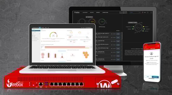 WatchGuard Fireboxes und WLAN Access Points mit WatchGuard Cloud-Bildschirmen auf einem Telefon und einem Laptop.