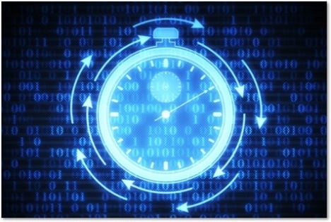 glowing stopwatch icon against a background of blue 1s and 0s