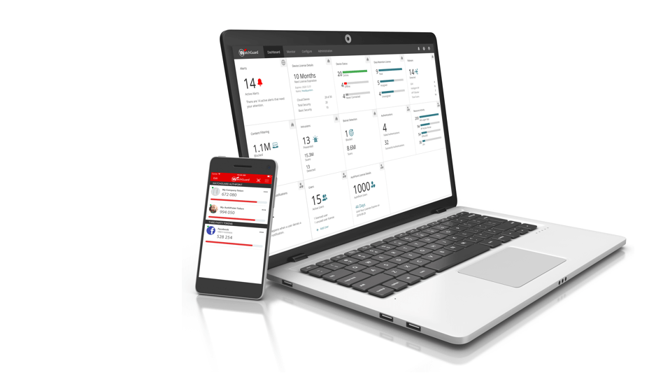 WatchGuard AuthPoint Management-Bildschirm auf einem Laptop-Bildschirm mit einem Smartphone angelehnt, auf dem die AuthPoint Mobile-App zu sehen ist