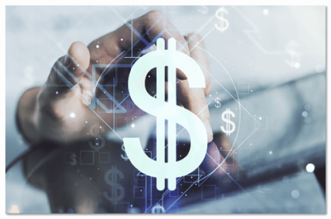 Hand on a touchscreen device with a white US dollar sign in front