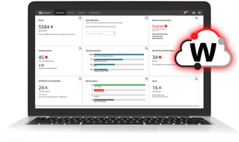 Laptop with WatchGuard Cloud screen showing and a WatchGuard Cloud icon to the right