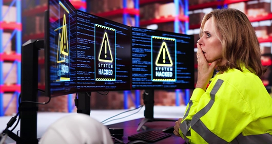 Woman in a high-vis jacket looking at a row of monitors with alerts on them